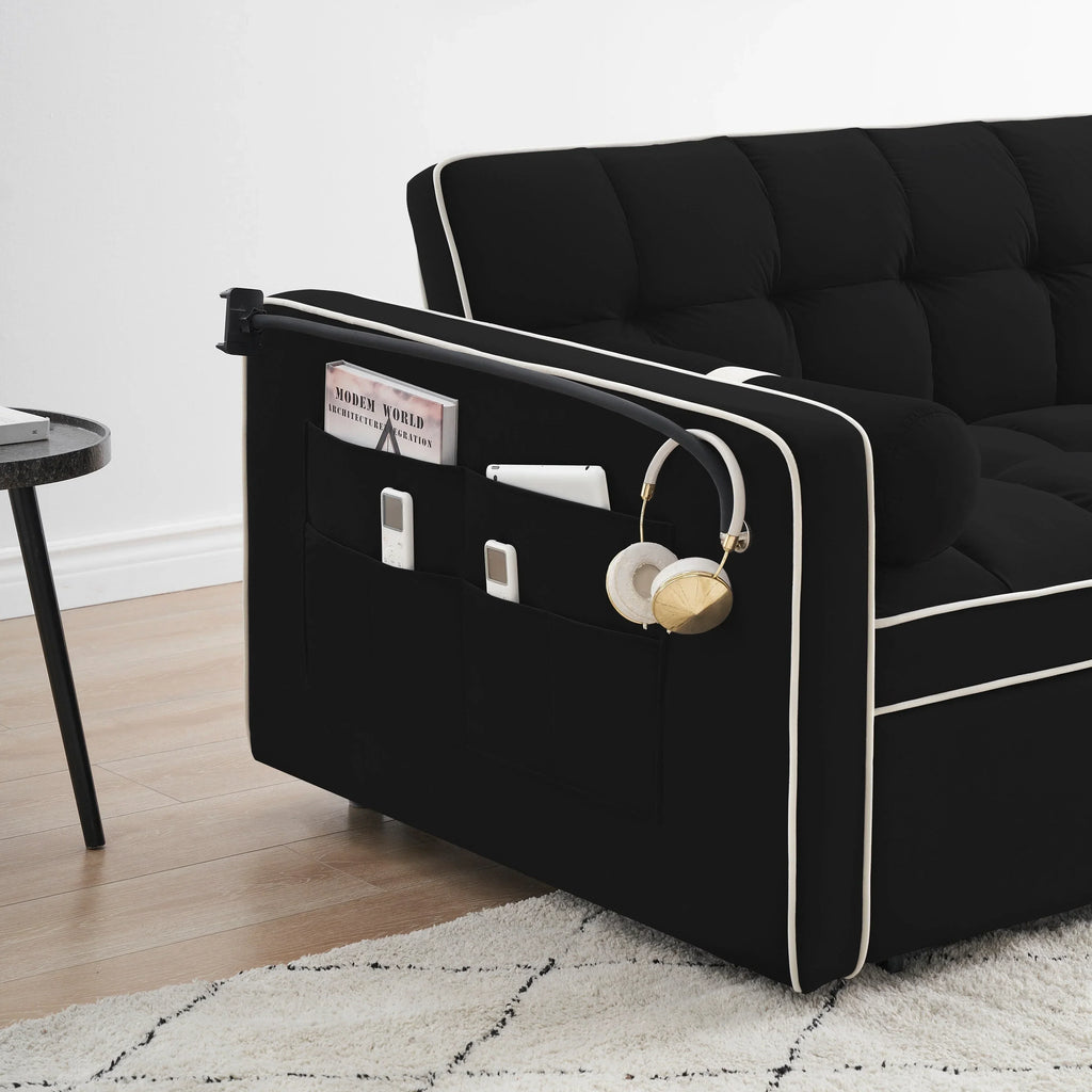 Samt-Schlafsofa zum Umbauen, 140 cm, 2-Sitzer, mit Ausziehbett, verstellbarer Rückenlehne, Seitentaschen und Handyhalterung