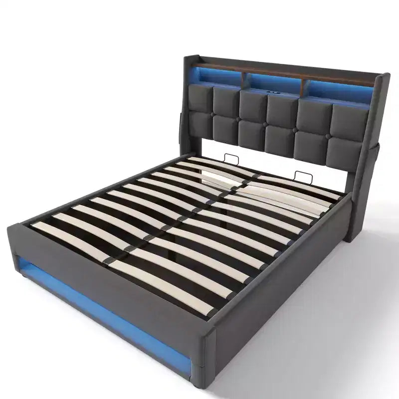 Queensize-Bett mit hydraulischem Stauraum, LED, USB, gepolstertem Kopfteil, kein Boxspringbett, einfache Montage