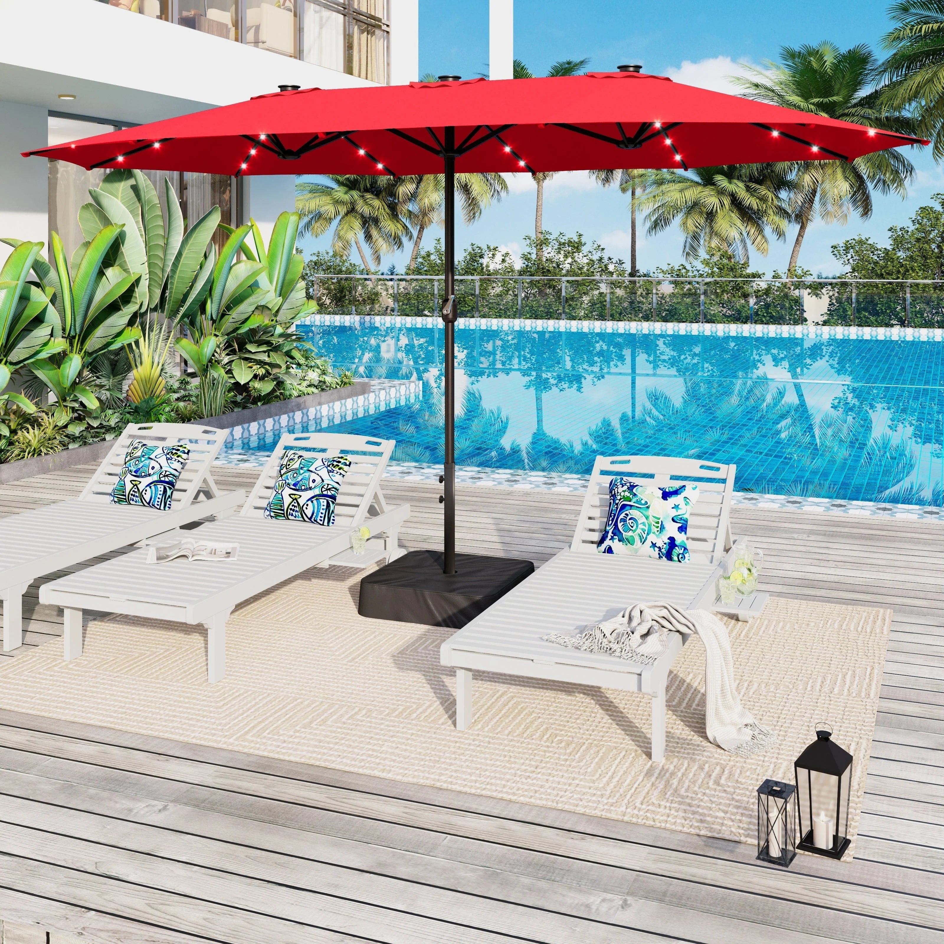 4,57 m rechteckiger, beidseitiger Marktschirm mit Kurbel, Solar-LED-Beleuchtung und inkludierter Basis