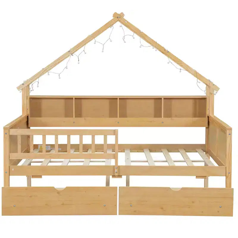 Hausbettgestell in voller Größe mit Schubladen, Haus-Plattformbett mit LED-Beleuchtung, Ablagefächern und Schubladen, Tagesbett aus Holz mit Dach und Geländer