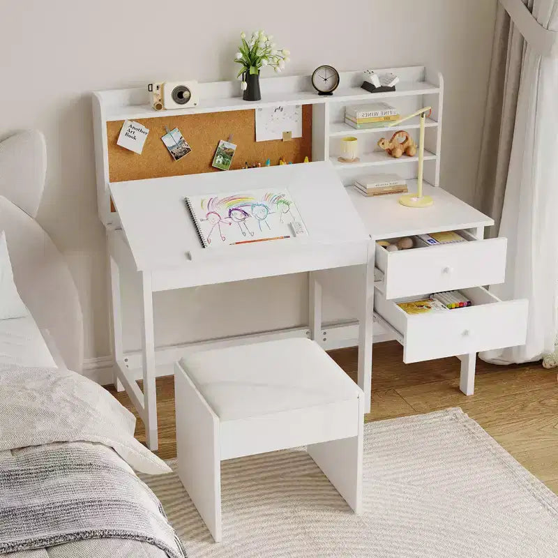 Kinder Schreibtisch und Stuhl Set, Holz Lerntisch mit verstellbarer Neigungsplatte, Schubladen & Korktafel - Schul-Lernschreibtisch Set für Kinder