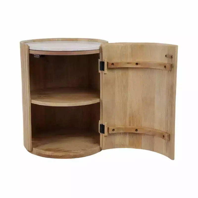 Dekorativer geriffelter Holzbeistelltisch mit Marmorplatte und Stauraum – kleiner Beistelltisch für Schlafzimmer oder Wohnzimmer