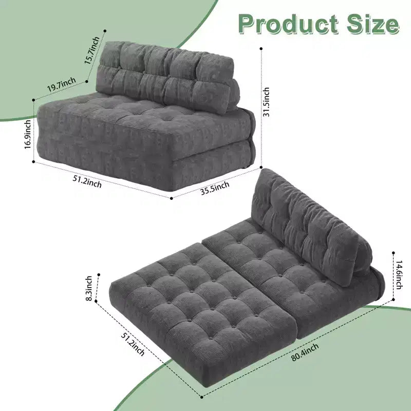 Klappbares Cord-Schlafsofa Futon, wandelbarer Bodenschlafsessel mit Kissen & Rückenlehne