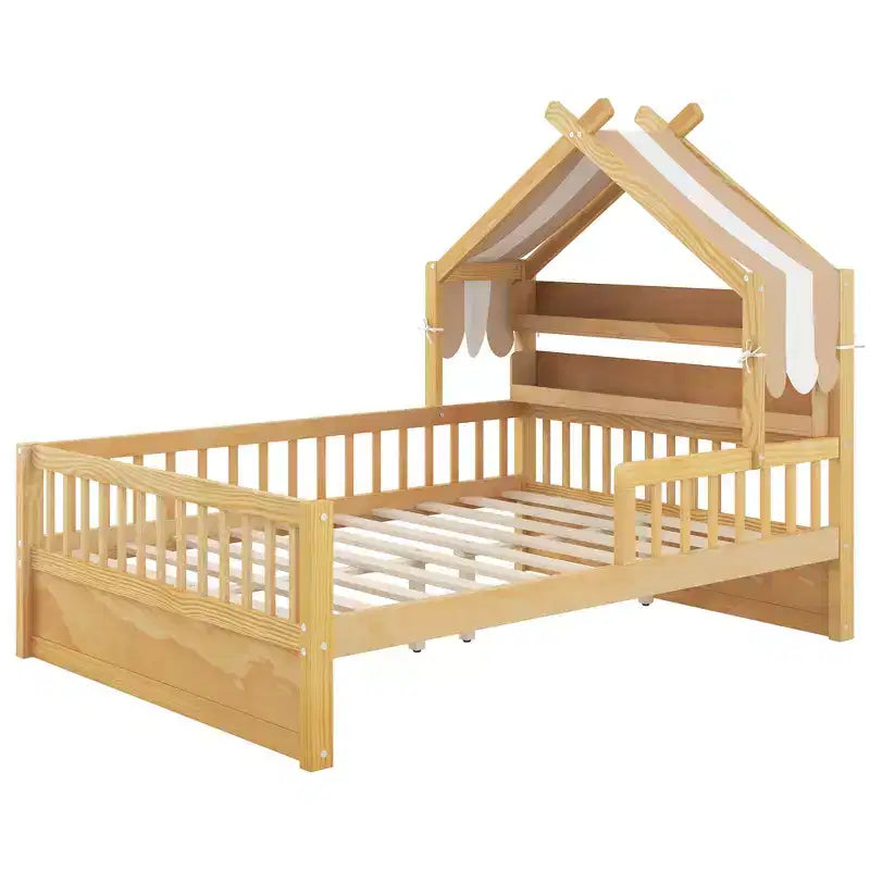 ModernLuxe Hausbett aus Holz für Zwillinge/Standardgröße mit Stauraum-Kopfteil, Kinderbettgestell aus massivem Kiefernholz mit Rausfallschutz