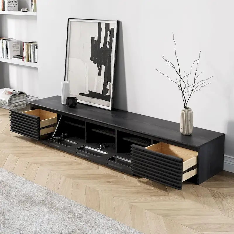 Minimalistischer TV-Ständer mit Schubladen, Massivholz-Medienkonsole mit Schränken, Klapptür, Nussbaumfurnier, fertig montiert
