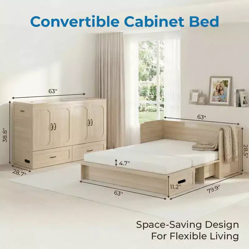 Mjkone Queen-Size-Schrankbett mit Matratze, USB-Ladeanschluss und Aufbewahrungsschubladen