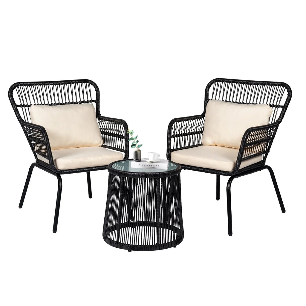 3-teiliges Outdoor-Bistro-Set aus Korbstühlen, witterungsbeständige Rattanmöbel-Sitzgruppe mit Kissen