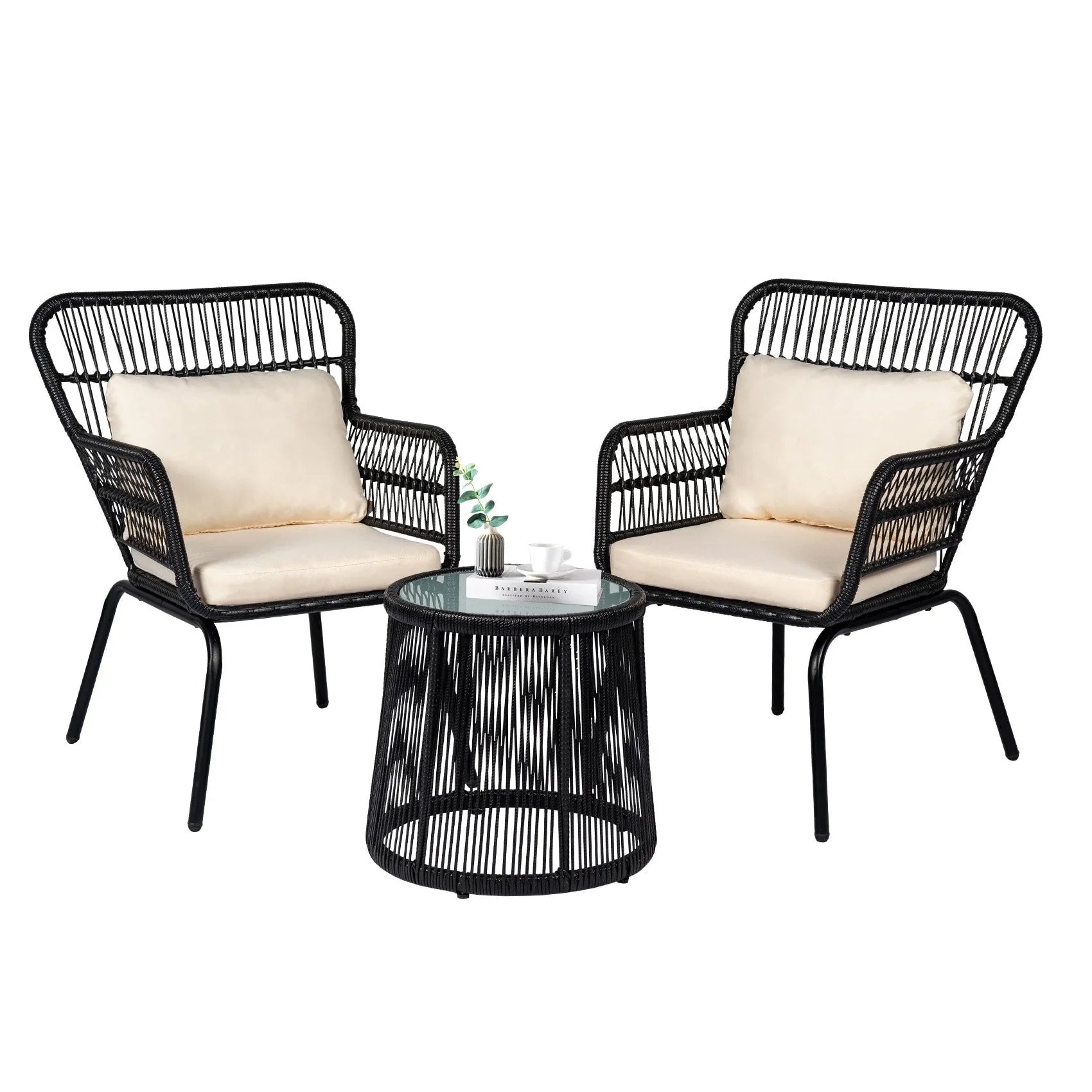 3-teiliges Outdoor-Bistro-Set aus Korbstühlen, witterungsbeständige Rattanmöbel-Sitzgruppe mit Kissen