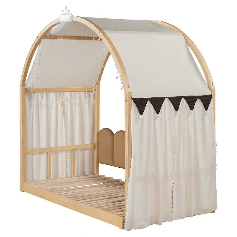 Massivholz-Spielhaus-Plattformbett, Montessori-Bettrahmen mit gewölbtem Dach und Ausziehbett für Mädchen und Jungen