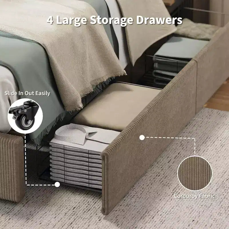 CuisinSmart Corduroy-Bettrahmen mit Kopfteil, gepolsterter Plattform-Bettrahmen mit 4 Schubladen und Holzlattenrostunterstützung