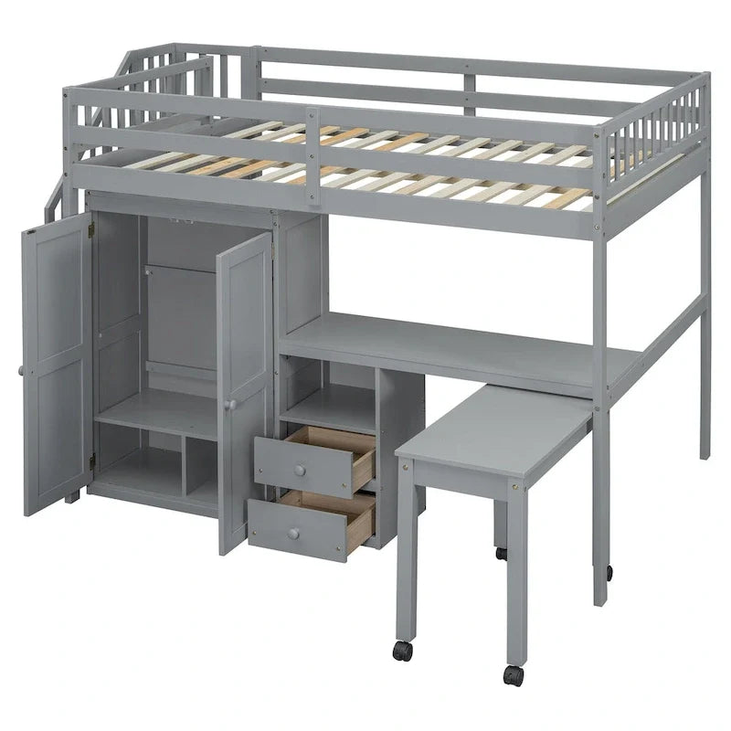 Doppelbett-Hochbett mit Treppe, Bücherregal, Schreibtisch und Kleiderschrank – platzsparendes Multifunktionsmöbel für Kinder & Jugendliche – Weiß