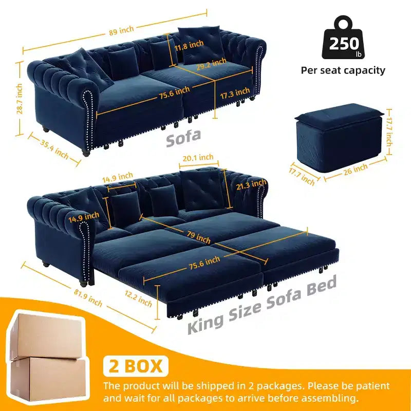 Whisen Velvet 3-in-1 Schlafsofa und wandelbares Schlafsofa im Kingsize-Format mit ausziehbarem Ottomane, getuftetem Design