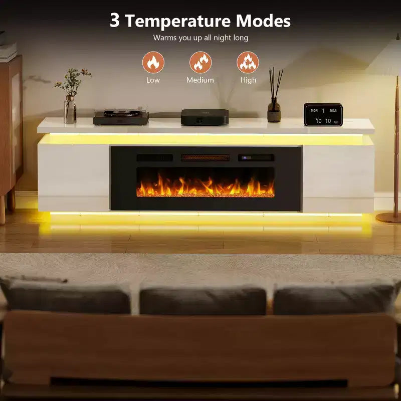 Skyzoo Elektrischer Kamin-TV-Ständer für Fernseher bis 80 Zoll mit LED-Beleuchtung & 4 Wechselstromsteckdosen, TV-Konsole für das Wohnzimmer
