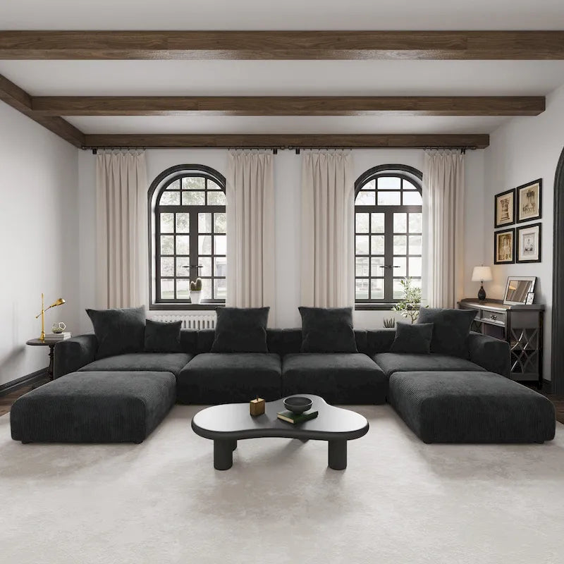 Großes modulares Ecksofa, Kordbezug, U-förmig, 4-Sitzer mit 2 Ottomanen und 5 Kissen