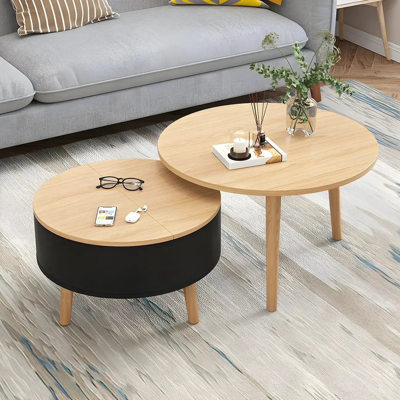 Schwarz Weiß Moderner Runder Couchtisch aus Holz mit Stauraum