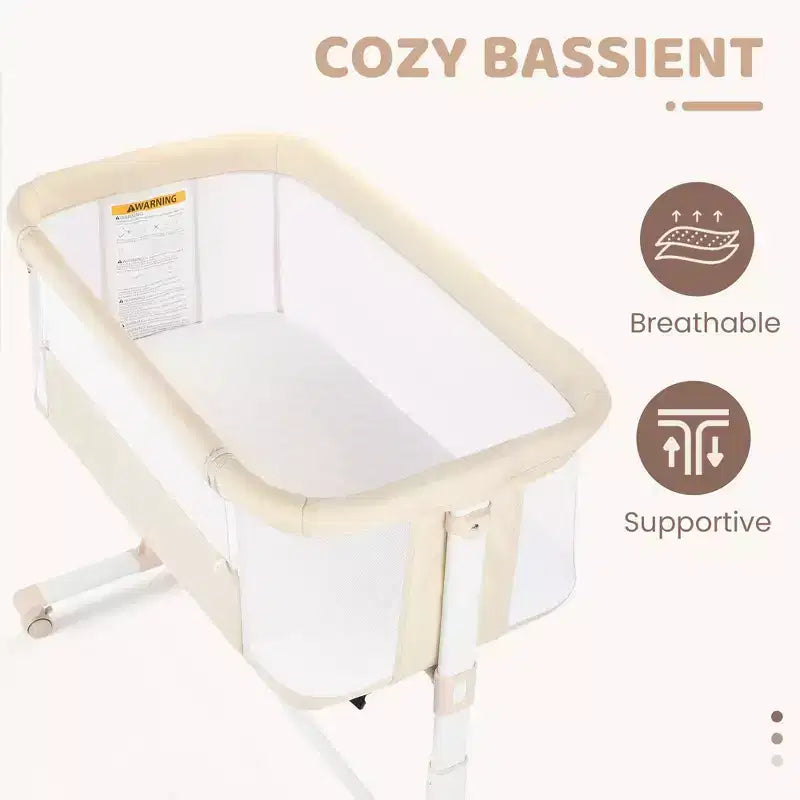 Baby-Beistellbett mit Rollen – Beige / Grau / Rosa, Bettschläfer, für 1 Baby