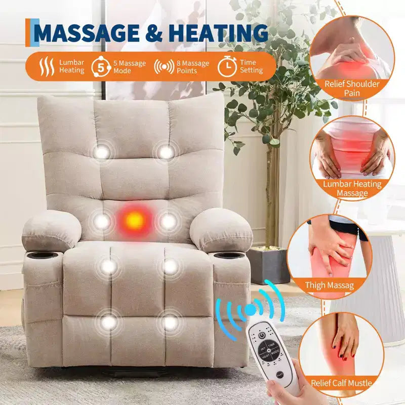 Elektrischer Aufstehsessel für Senioren mit Massage und Heizung, überdimensionierter Massage- und Wärmesessel mit weicher Polsterung, Seitentasche und Getränkehaltern