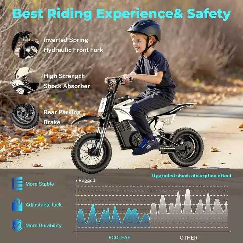 ECOLEAP K1 Elektro-Dirtbike für Kinder 36V, 25 km/h schnell, 22 km Reichweite, 700W Spitzenmotor, 3 Geschwindigkeitsmodi, 12 Zoll Offroad-Reifen, UL, Alter 3-10