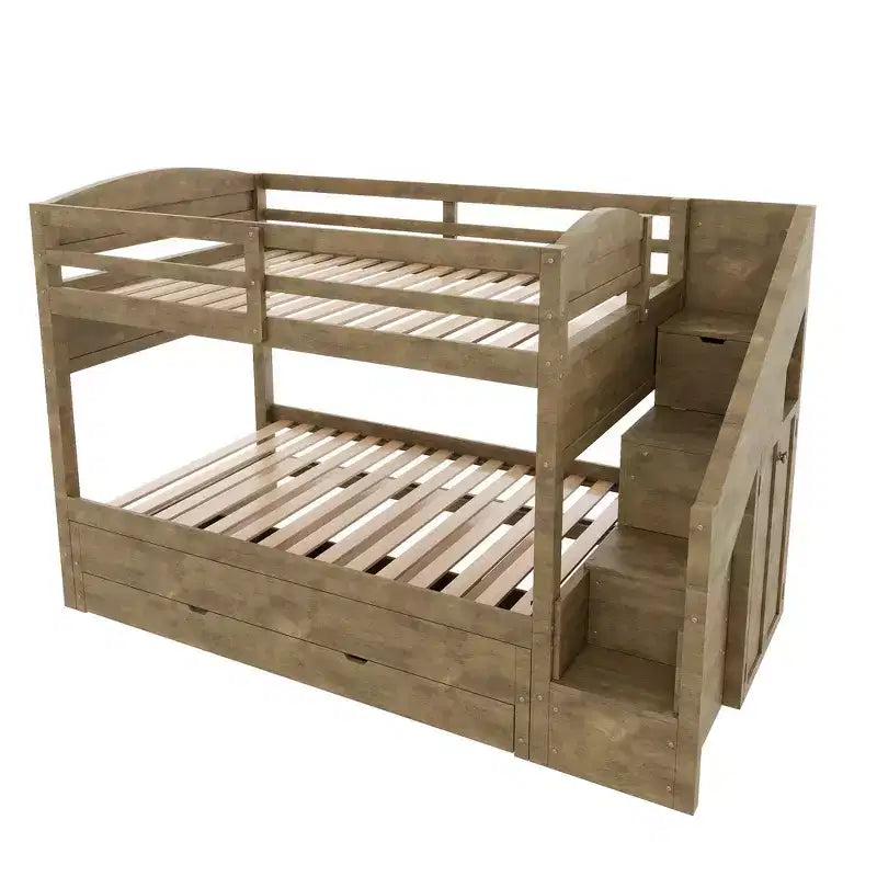 Whisen Twin XL Etagenbett mit Ausziehbett, Etagenbett mit Stauraum, Etagenbett aus Massivholz, Treppe mit Stauraum, Kleiderschrank, 3 Schubladen, für Kinder