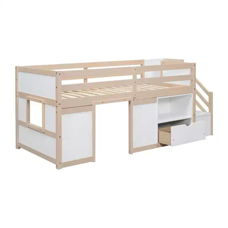 Okak Massivholz-Hochbett mit Treppe & Stauraum, Niedriges Etagenbett mit Schubladen & Regalen, Multifunktionales Hochbett für Kinder, Jugendliche