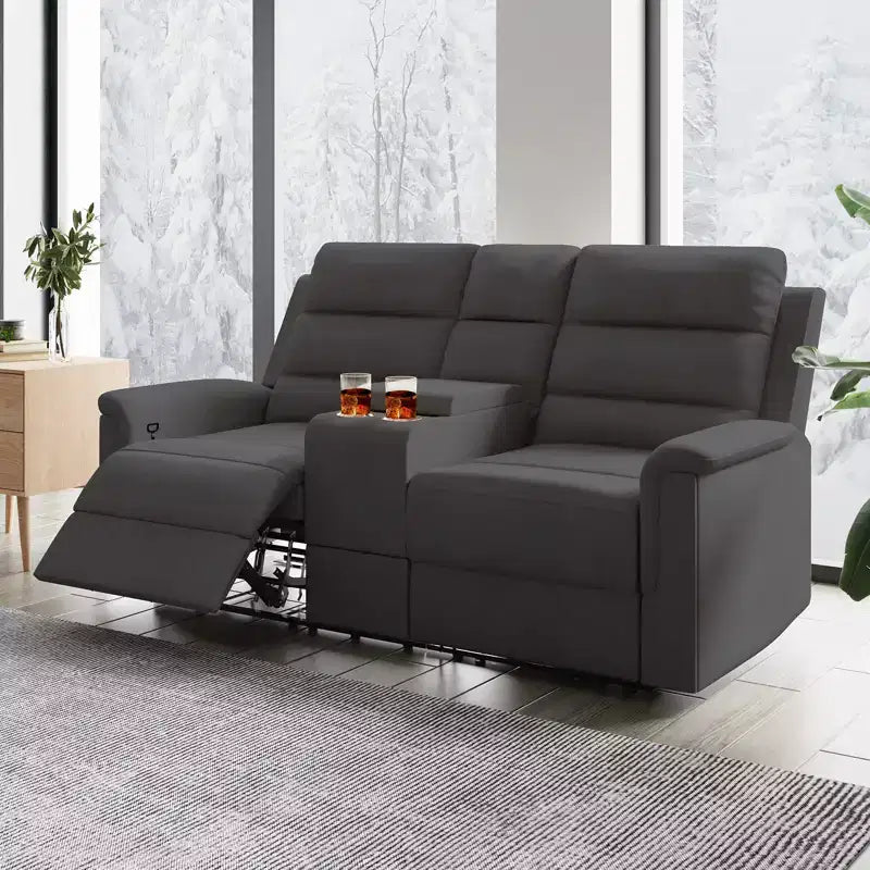 Beige/Graues 2-Sitzer Sofa mit Relaxfunktion aus Tech-Stoff, verstellbare Rückenlehne & Fußstütze