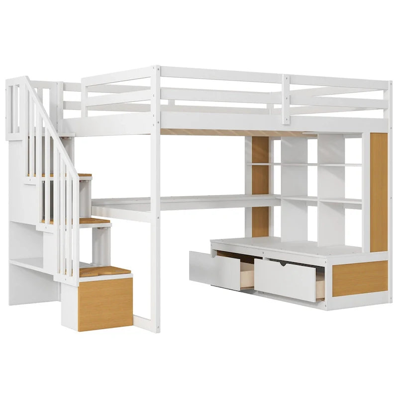 Dachbodenbett aus Massivholz (Natur+Weiß) mit Schreibtisch und Schubladen