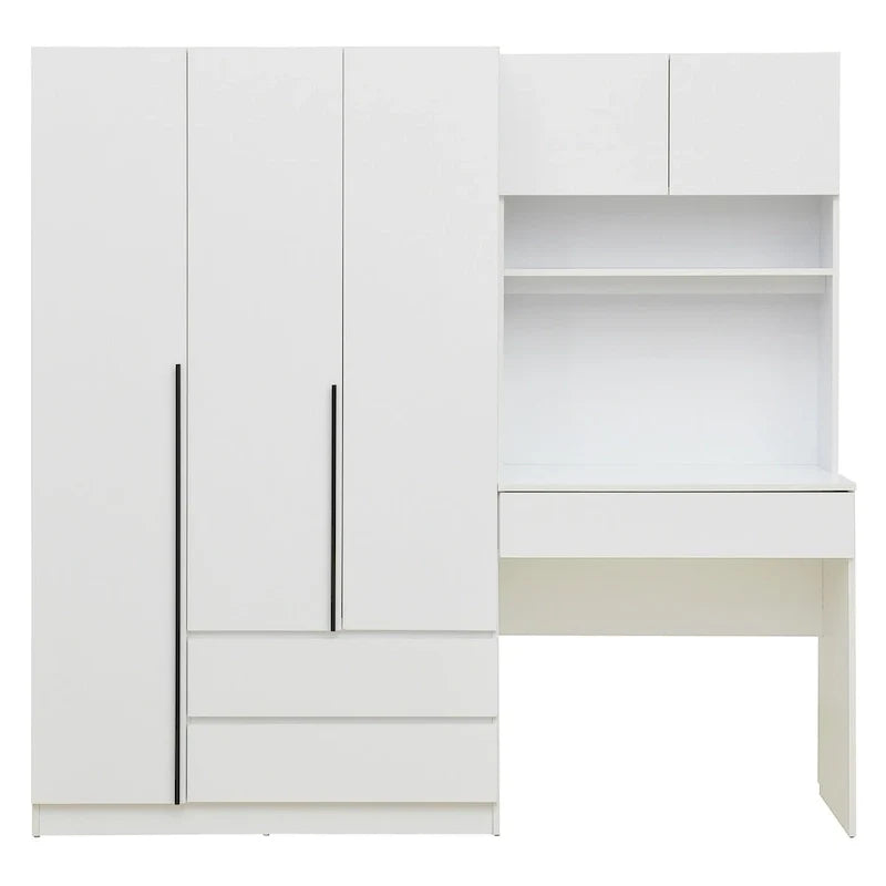 3-in-1 Kleiderschrank mit Schminktisch, Schreibtisch-Set, Schlafzimmer-Schrank mit 2 Schubladen, 3-türiger Aufbewahrungsschrank mit Schreibtisch