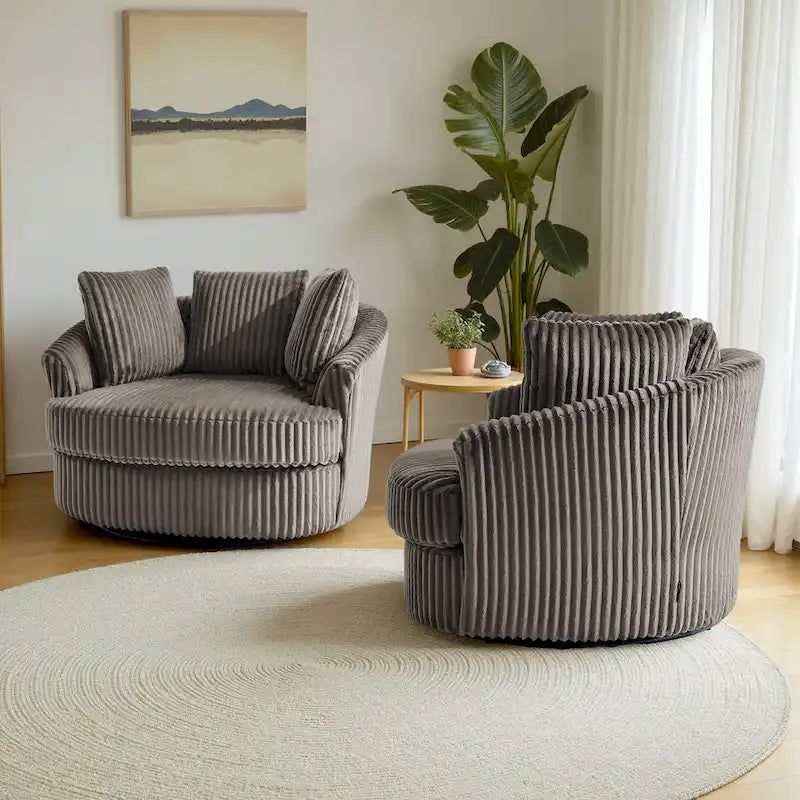2er-Set übergroßer 43 W Plüsch-Cord-Drehsessel mit Kissen
