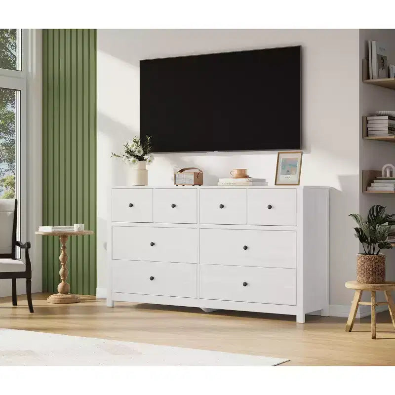 Moderne Kommode mit 8 Schubladen für das Schlafzimmer, breite Holzkommode mit viel Stauraum, freistehender Organizer-Schrank für das Wohnzimmer
