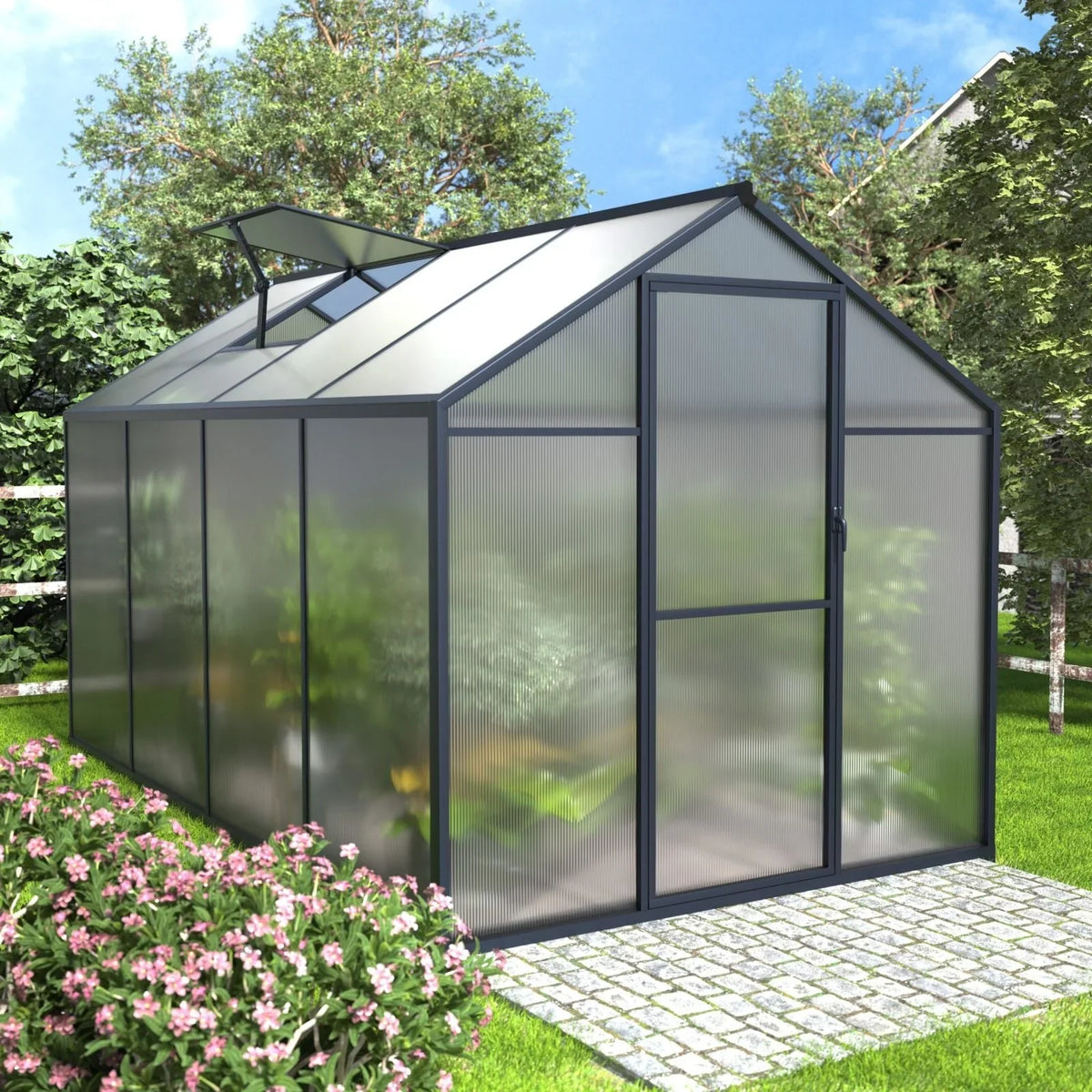 VEIKOUS Aluminium-Gewächshaus-Bausatz mit begehbarem Garten, verstellbarer Dachluke und abschließbarer Tür, Grau