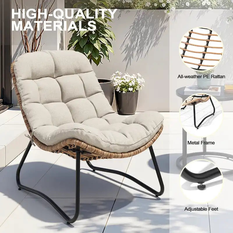 Outdoor-Papasan-Sessel mit Kissen, PE-Rattan-Gartenstühle mit Beistelltisch