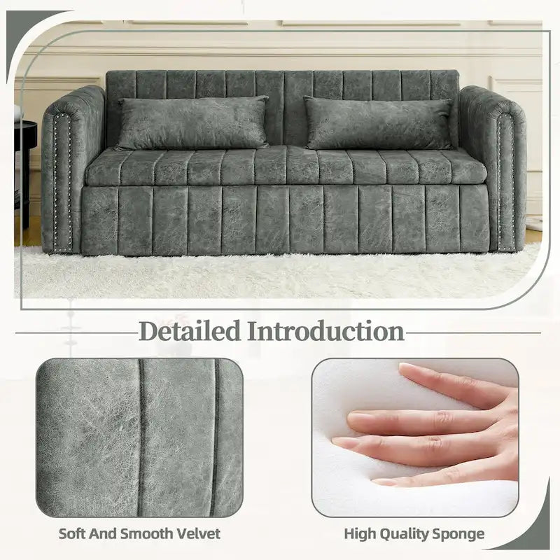 Modernes Schlafsofa aus Samt mit Rollarmen, verziert mit Kupfernägeln