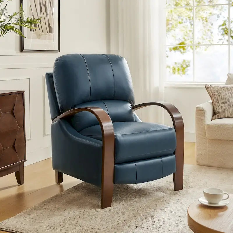 Alex Mid-Century Modern Zigarren-Sessel aus echtem Leder mit manueller Relaxfunktion und geschwungenen Holzarmlehnen