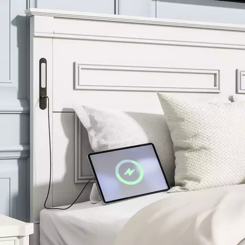 ModernLuxe Bettrahmen für Queensize-/Kingsize-Betten mit hohem Kopfteil, rustikales Holzbettgestell mit 2 Schubladen, LED-Beleuchtung und USB-Anschlüssen