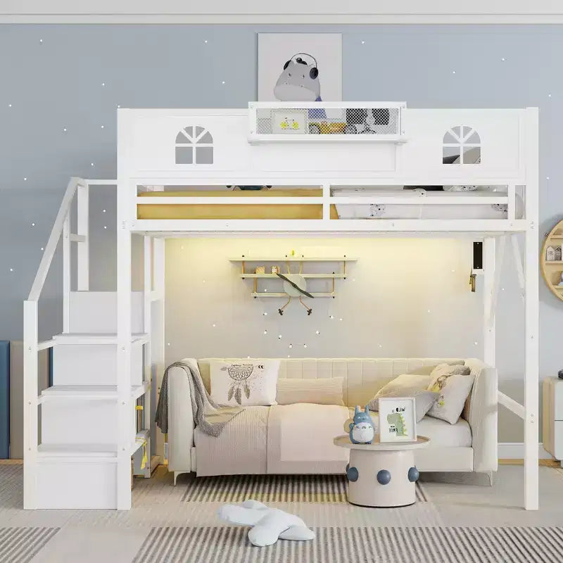ModernLuxe Hochbett für Full/Queen-Betten mit Treppe und integriertem Kleiderschrank, Metallbettgestell mit LED-Beleuchtung, USB-Ladestation und Ablagefächern