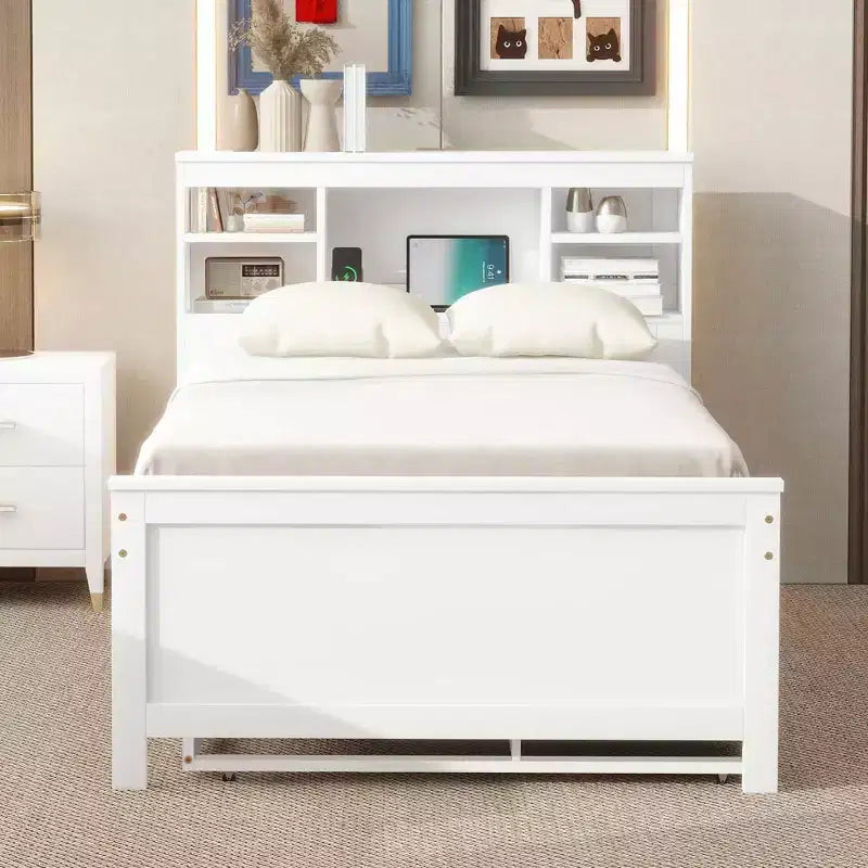 Plattformbett mit Rollbett und Schubladen, Stauraumbett mit USB-Anschluss, Holzbett mit Bücherregal