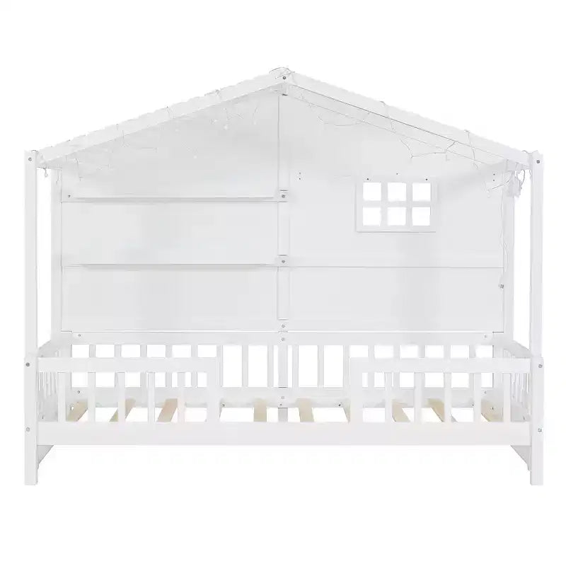 Hausbett in Twin-Größe mit Ablageregalen und Rausfallschutz, Montessori-Bettrahmen aus Holz für Kinder mit Fenster und glitzerndem Lichtband