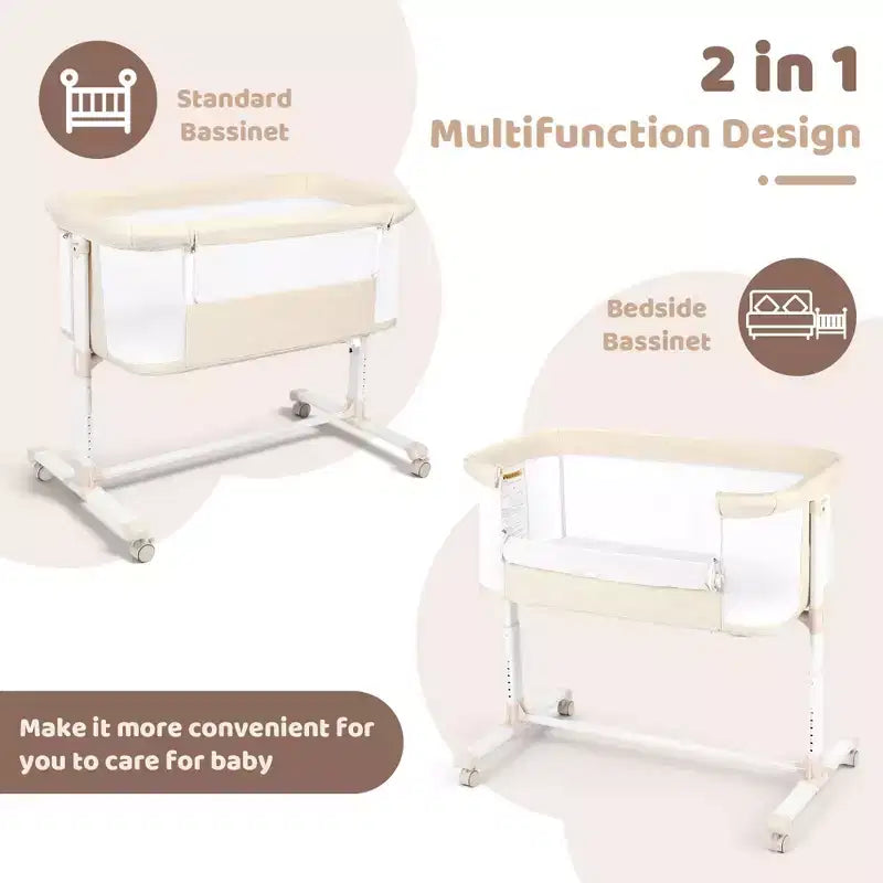 Baby-Beistellbett mit Rollen – Beige / Grau / Rosa, Bettschläfer, für 1 Baby