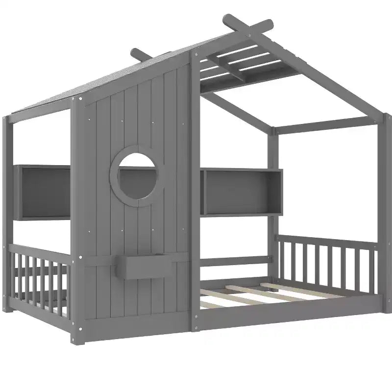 Bodenhausbett mit integrierten Ablageregalen & Lattenrost