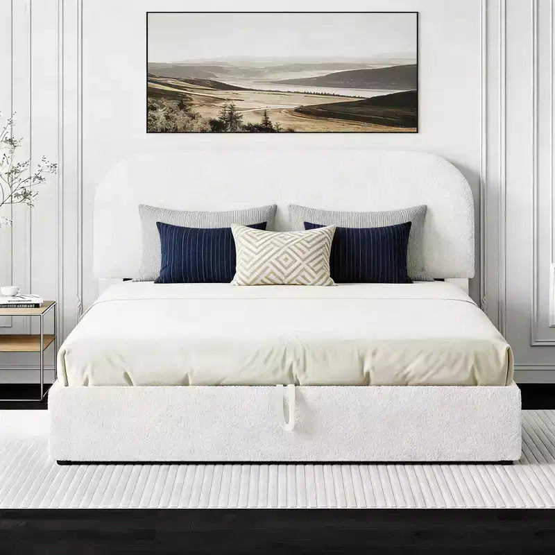 Gepolstertes Bett in Queensize-Größe mit Lift-Up-Stauraum – Weiß