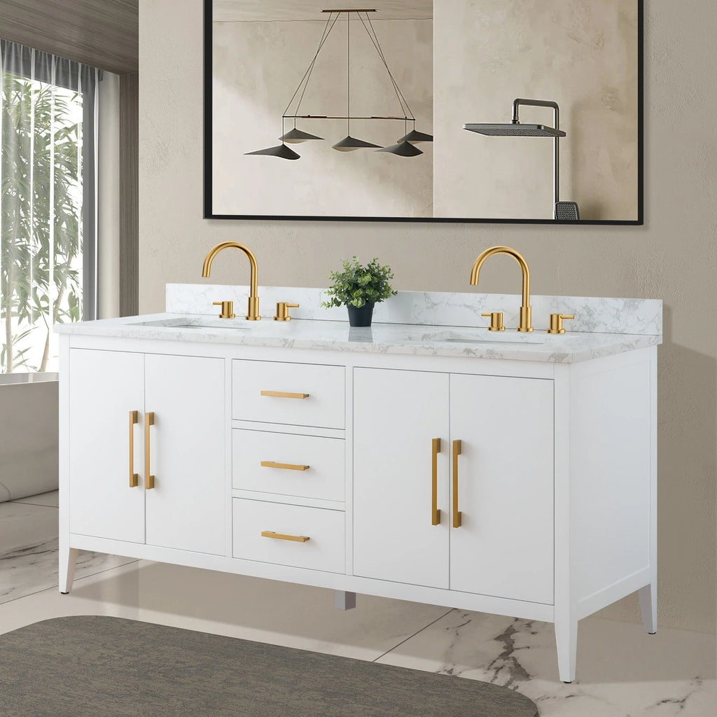 Vanity Art 72 Zoll Badezimmer-Waschtischunterschrank mit Doppelwaschbecken und Kunstmarmorplatte