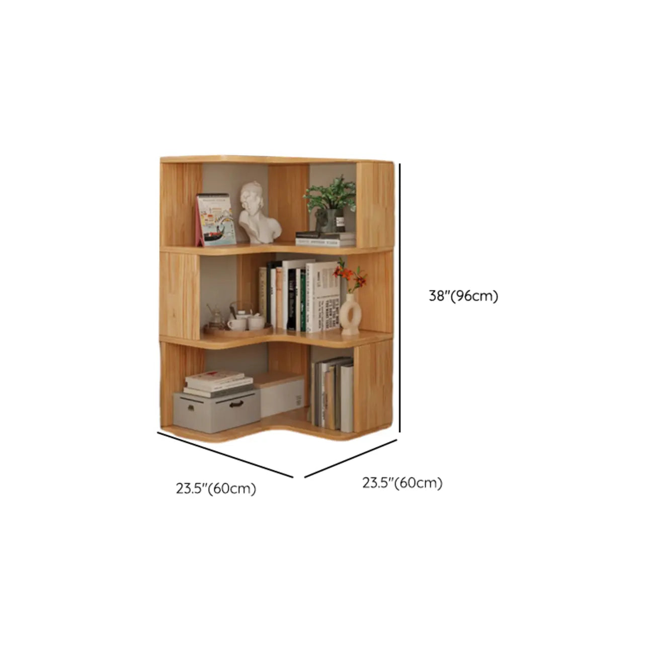 L-förmiges offenes Bücherregal aus Holz mit Naturfinish