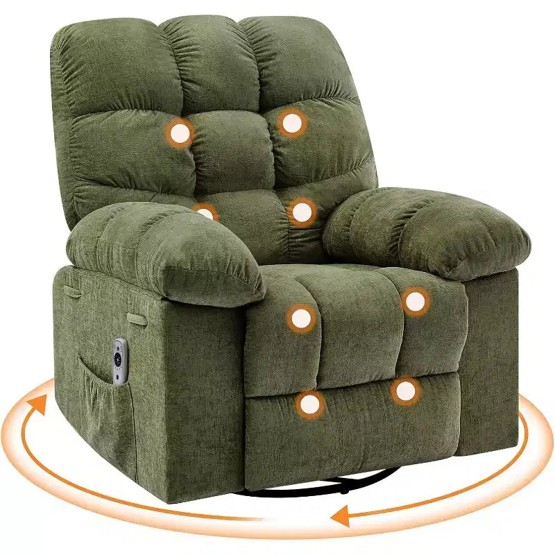 Massage-Liegesessel mit Heizfunktion – 360° drehbarer Schaukelstuhl, überdimensioniertes Einzelsitzer-Sofa mit Vibration, USB-Anschluss und Aufbewahrungstaschen für Wohnzimmer/Schlafzimmer