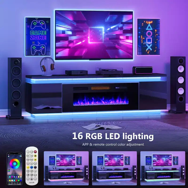Skyzoo Elektrischer Kamin-TV-Ständer für Fernseher bis 80 Zoll mit LED-Beleuchtung & 4 Wechselstromsteckdosen, TV-Konsole für das Wohnzimmer
