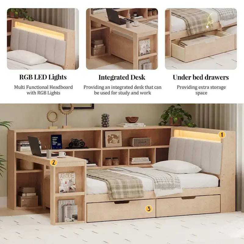 L-förmiges Holzsofa-Tagesbett mit Schreibtisch, Bücherregal, Eckbett mit Schubladen unter dem Bett, gepolstertem Kopfteil und integrierter Beleuchtung