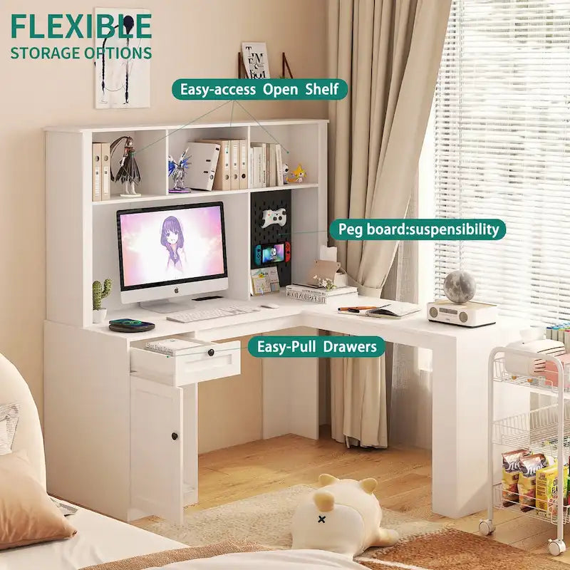 L-förmiger Schreibtisch mit Steckdose, Computertisch mit Schubladen, Regal & Aufsatz, Moderner Eckschreibtisch, Home-Office-Schreibtisch