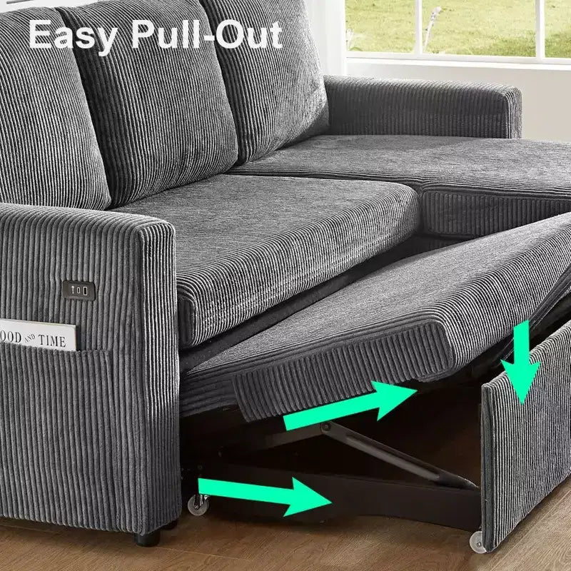Dyonery 2-in-1 Schlafsofa ausziehbar mit Stauraum-Recamiere, Cord-Ecksofa mit USB-Anschlüssen für das Wohnzimmer