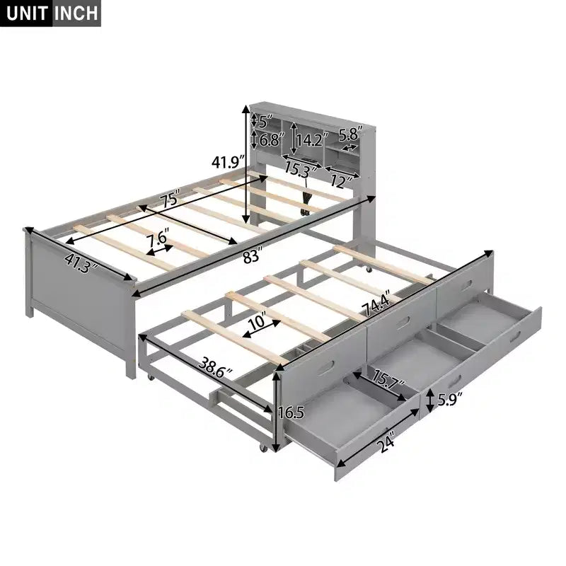 Plattformbett mit Rollbett und Schubladen, Stauraumbett mit USB-Anschluss, Holzbett mit Bücherregal