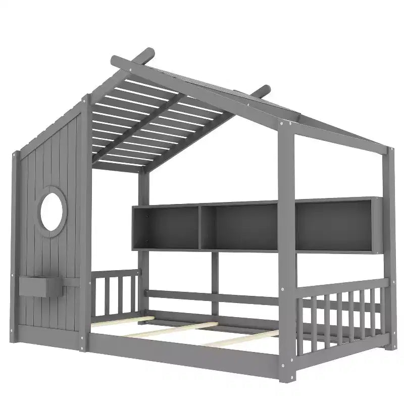 Twin/Full Size Hausbett Plattform-Bettrahmen Kleinkind-Bodenbett Kinder Montessori Bett Spielhausbett mit Ablagefach – ModernLuxe