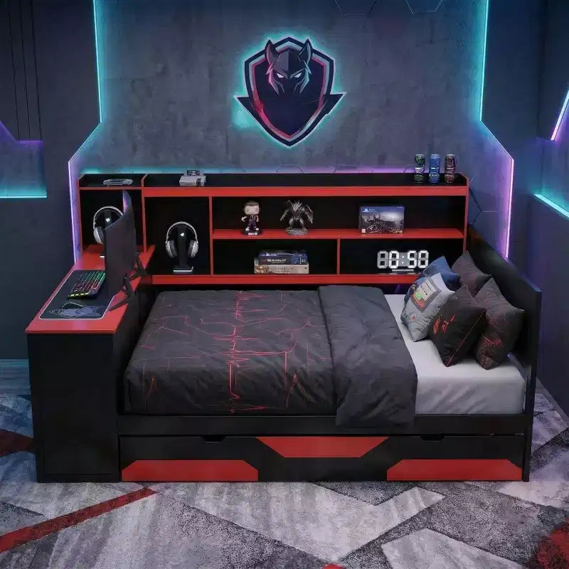 Gamer Hub Tagesbett mit Schreibtisch, RGB-Beleuchtung, Ladestation, Schubladen und Bücherregal-Kopfteil